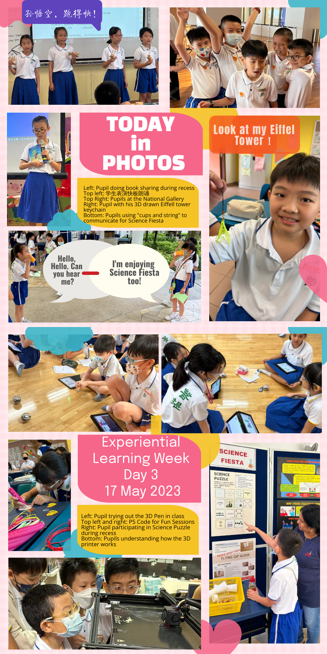 School children participating in Experiential Learning Week Day 3 activities including Science Fiesta, coding, and 3D printing.